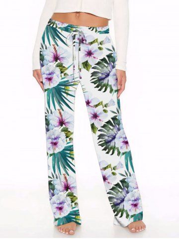 Pantalon hawaïen à jambes larges, imprimé tropical fleurs et feuilles, grande taille, cordon de serrage, avec cordon de serrage. - WHITE - 6X