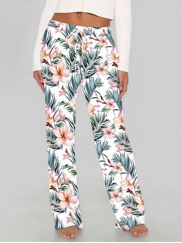 Plus Size Flowers Leaf Tropical Print Drawstring Hawaii Wide Leg Pants - WHITE - M