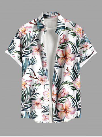 Chemise hawaïenne grande taille pour homme, à imprimé tropical floral et feuilles, boutons et poche. - WHITE - 4XL