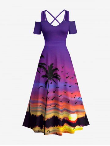 Robe longue grande taille à imprimé ombré galaxie coucher de soleil, cocotier et oiseaux, style hawaïen, épaules dénudées et croisée, coupe trapèze. - PURPLE - 4X