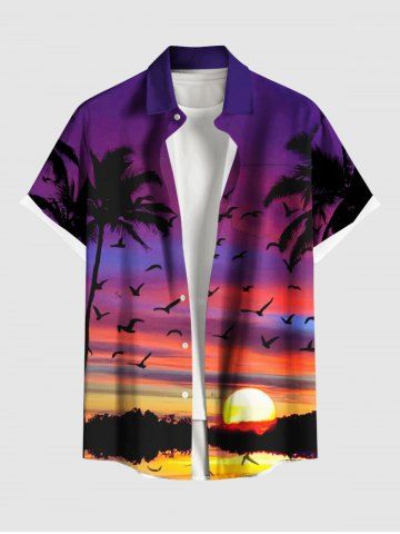 Plus Size Coconut Tree Bird Ombre Galaxy Sunset Print Hawaii Button Pocket Shirt For Men - PURPLE - 3XL