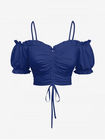 Plus Size Cold Shoulder Puff Sleeve Solid Cinched Top - NAVY BLUE - S