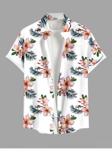 Chemise à poches boutons grande taille pour homme, imprimée de fleurs d'hibiscus et de feuilles tropicales, style hawaïen. - WHITE - 3XL