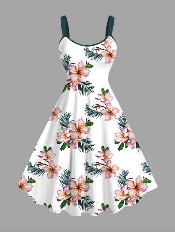Robe trapèze hawaïenne à imprimé floral tropical et feuilles d'hibiscus grande taille - WHITE - S