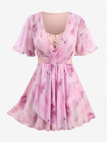 Haut grande taille à imprimé aquarelle florale, décolleté cache-cœur, empiècements chaînette, volants froncés et ourlet tulipe - LIGHT PINK - 2X | US 18-20