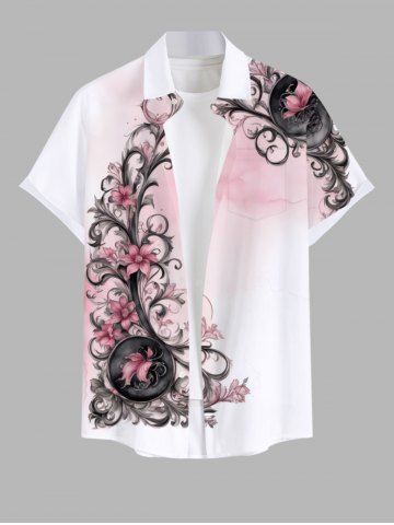 Chemise à poches boutonnées grande taille pour homme, imprimé de branches de vigne fleuries, style hawaïen dégradé. - WHITE - 4XL