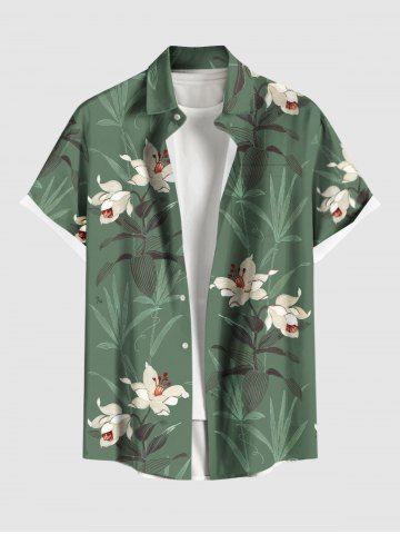 Chemise hawaïenne à imprimé floral et végétal grande taille avec poche boutonnée pour homme - GREEN - M