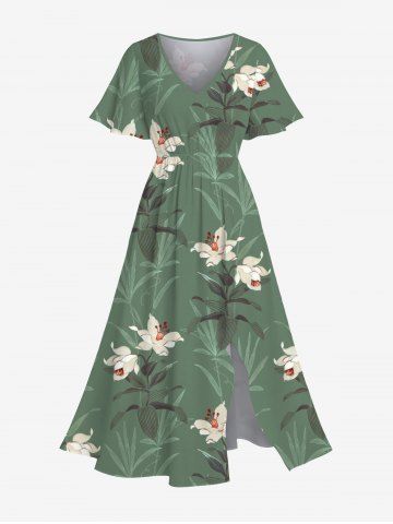 Robe midi trapèze grande taille à imprimé floral et végétal hawaïen avec poches fendues - GREEN - 2X