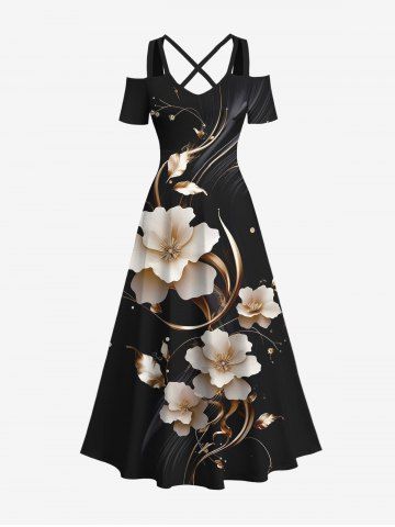Robe longue trapèze à imprimé floral doré et feuilles, grande taille, style hawaïen, croisée sur le devant - BLACK - S