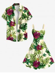 Tropical Leaf Flower Print Plus Size Matching Hawaii Beach Outfit For Couples -  
