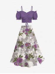 Solid Cinched Top and Flower Leaf Branch Print Hawaii Split A Line Skirt Plus Size Matching Set -  