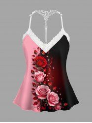 Haut de pyjama Saint-Valentin grande taille à imprimé rose colorblock et bordure en dentelle au crochet - Rose clair 4XL