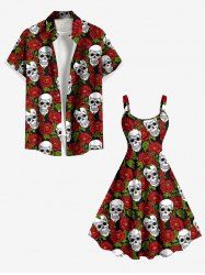 Valentine's Day Skull Rose Flower Print Plus Size Matching Outfit For Couples -  