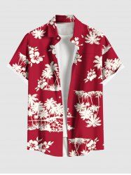 Plus Size Coconut Tree Hibiscus Flowers Print Buttons Pocket Hawaii Shirt For Men -  