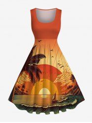 Robe vintage hawaïenne grande taille, imprimé cocotiers, vagues et coucher de soleil, années 1950 - Orange S