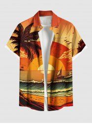 Plus Size Coconut Tree Sea Waves Sunset Print Buttons Pocket Hawaii Shirt For Men -  