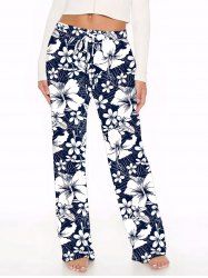 Pantalon hawaïen à jambes larges, imprimé feuilles et fleurs d'hibiscus, grande taille, cordon de serrage - Bleu Marine 5X