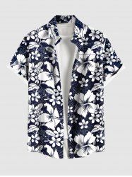 Plus Size Hibiscus Flowers Leaf Print Buttons Pocket Hawaii Shirt For Men -  