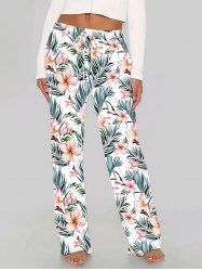 Pantalon hawaïen à jambes larges, imprimé tropical fleurs et feuilles, grande taille, cordon de serrage, avec cordon de serrage. - Blanc S