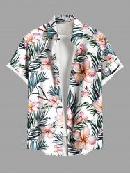 Chemise hawaïenne grande taille pour homme, à imprimé tropical floral et feuilles, boutons et poche. - Blanc L