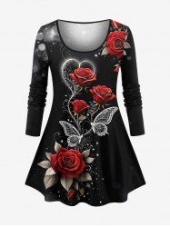 Plus Size Rose Flower Butterfly Heart Light Spot Print Valentines Long Sleeves Women T-shirt - Noir L