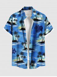 Plus Size Coconut Tree Sea Tropical Leaf Hibiscus Flower Print Hawaii Button Pocket Shirt For Men -  