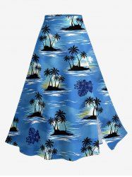 Jupe trapèze fendue grande taille à imprimé tropical hawaïen : cocotiers, feuilles marines et hibiscus - Bleu Ciel S
