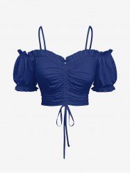 Plus Size Cold Shoulder Puff Sleeve Solid Cinched Top -  