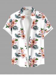 Plus Size Tropical Leaf Hibiscus Flower Print Hawaii Button Pocket Shirt For Men -  