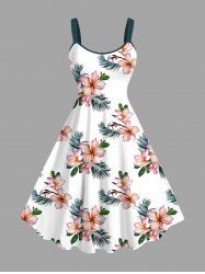 Robe trapèze hawaïenne à imprimé floral tropical et feuilles d'hibiscus grande taille - Blanc 4X
