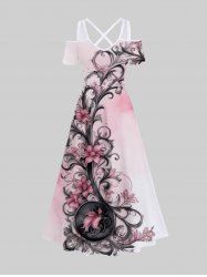 Robe longue trapèze à imprimé floral et branches de vigne, style hawaïen ombré, taille grande taille - Blanc M