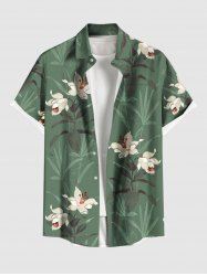 Plus Size Flower Leaf Plant Print Hawaii Button Pocket Shirt For Men -  