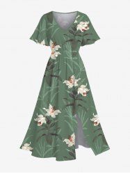 Plus Size Flower Leaf Plant Print Hawaii Split Pocket A Line Midi Dress -  