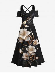 Robe longue trapèze à imprimé floral doré et feuilles, grande taille, style hawaïen, croisée sur le devant - Noir 3X