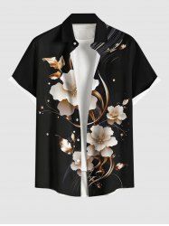 Chemise hawaïenne à poches boutons, imprimé floral doré et grandes tailles pour hommes - Noir S