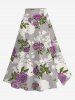Solid Cinched Top and Flower Leaf Branch Print Hawaii Split A Line Skirt Plus Size Matching Set -  