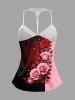 Valentines Rose Flower Colorblock Printed Lace Trim Crochet Pajama Top and Shorts Plus Size Matching Set -  