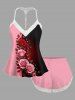 Valentines Rose Flower Colorblock Printed Lace Trim Crochet Pajama Top and Shorts Plus Size Matching Set -  