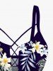 Tropical Leaves Branch Hibiscus Floral Printed Hawaii Lace Up Tankini Swimsuit (Adjustable Shoulder Strap) -  