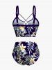 Tropical Leaves Branch Hibiscus Floral Printed Hawaii Lace Up Tankini Swimsuit (Adjustable Shoulder Strap) -  