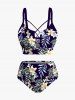 Tropical Leaves Branch Hibiscus Floral Printed Hawaii Lace Up Tankini Swimsuit (Adjustable Shoulder Strap) -  