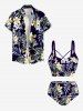 Tropical Leaves Branch Hibiscus Floral Printed Hawaii Lace Up Tankini Swimsuit (Adjustable Shoulder Strap) -  