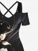Robe longue trapèze à imprimé floral doré et feuilles, grande taille, style hawaïen, croisée sur le devant - Noir 3X