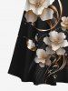 Robe longue trapèze à imprimé floral doré et feuilles, grande taille, style hawaïen, croisée sur le devant - Noir 3X