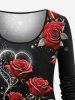 Plus Size Rose Flower Butterfly Heart Light Spot Print Valentines Long Sleeves Women T-shirt - Noir L