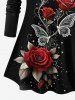 Plus Size Rose Flower Butterfly Heart Light Spot Print Valentines Long Sleeves Women T-shirt - Noir L