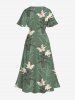 Robe midi trapèze grande taille à imprimé floral et végétal hawaïen avec poches fendues - Vert 1X