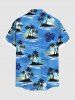 Plus Size Coconut Tree Sea Tropical Leaf Hibiscus Flower Print Hawaii Button Pocket Shirt For Men -  