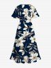 Plus Size Flowers Leaf Print Split Hawaii Midi Dress -  