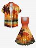 Robe vintage hawaïenne grande taille, imprimé cocotiers, vagues et coucher de soleil, années 1950 - Orange S